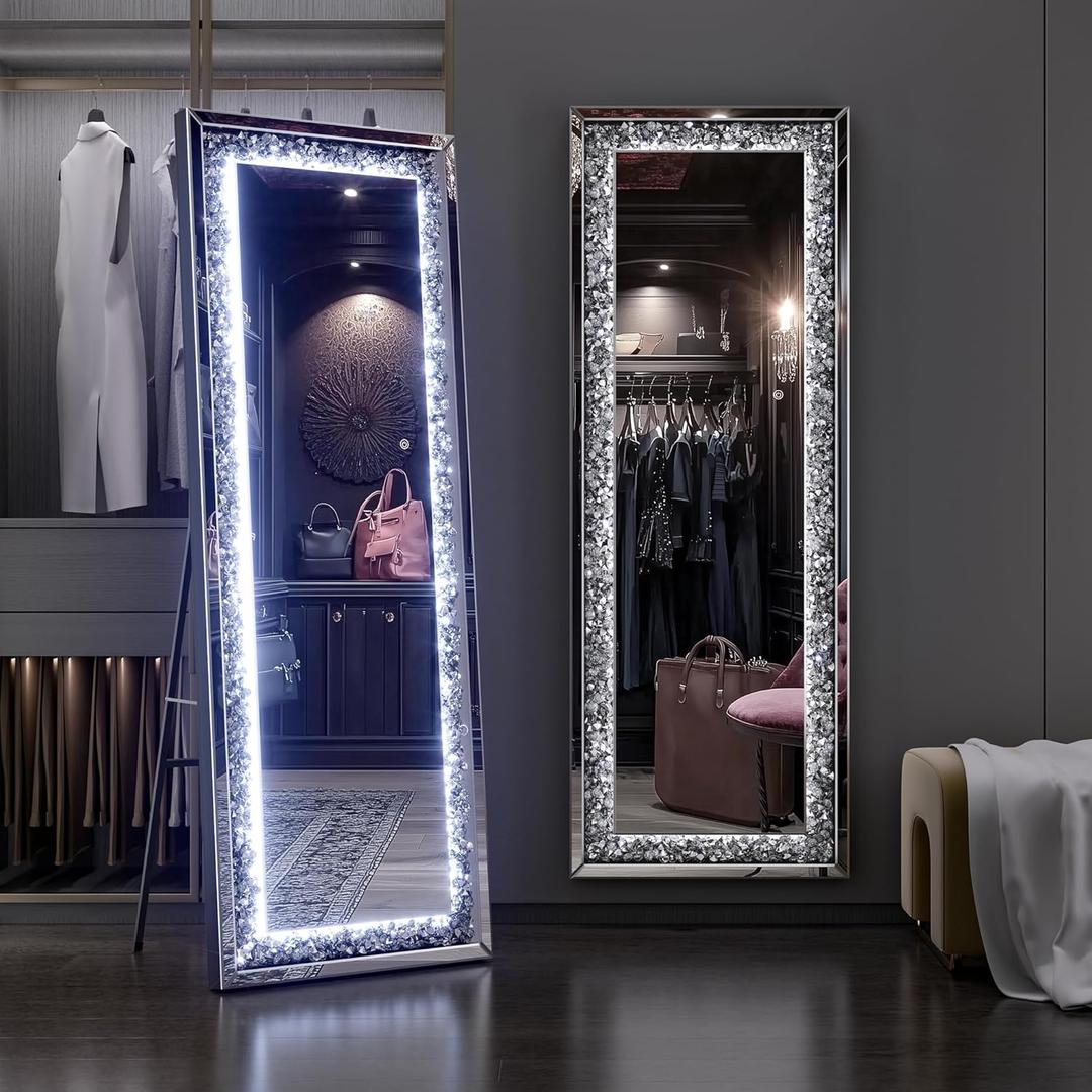 Hasipu 59"20" LED Full-Length Mirror Crystal Crush Diamond, Wall Mounted Diamond Mirror Leaning for Living Room Bedroom Dimming & 3 Color Modes