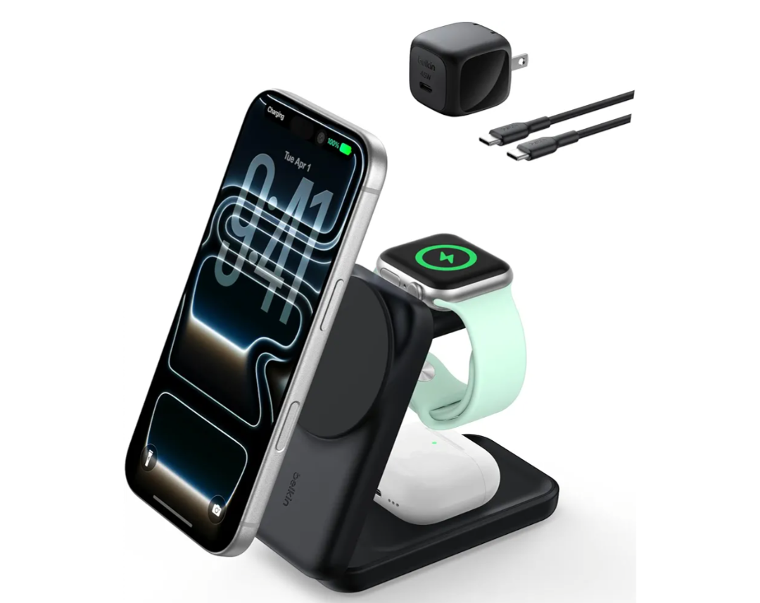 Belkin MagSafe Charger Compatible, 3in1 Charging Station, Qi2.2 25W Magnetic Wireless Charger Dock, Foldable Charging Stand for iPhone 17/16/15, Apple Watch, AirPods, Pixel 10 (45W Adapter Included)