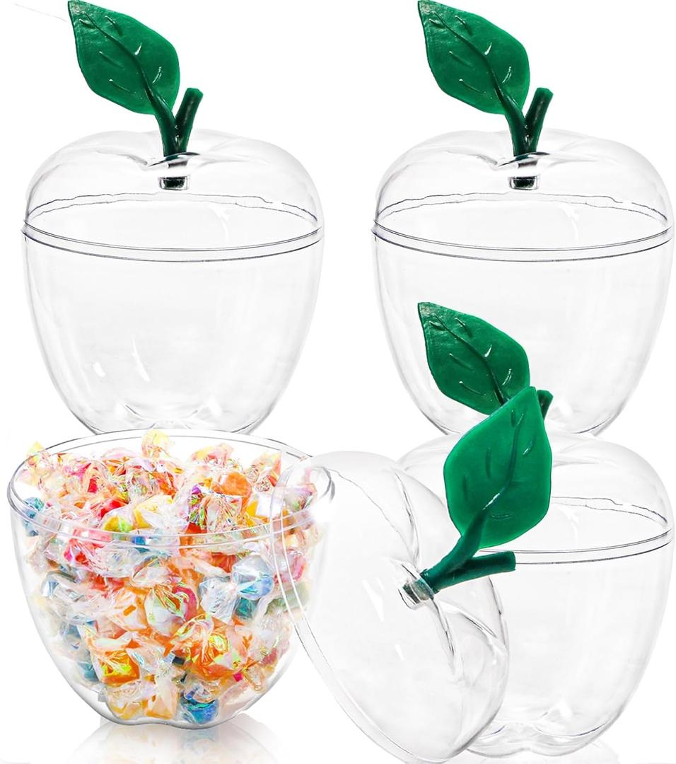 Cididu 4 Pcs Plastic Apple Container, Large Clear Candy Jar with Lid for Teacher Appreciation, Apple Shaped Candy Toy Filling Jars Decor Boxes for Back To School Christmas New Year Gift Snow Party