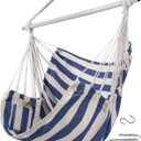 ADVOKAIR Hammock Chair Swing (500 lbs Max) - Hanging Hammock Chair Rope Swing Indoor for Bedroom, Outdoor, Patio, Bedroom, Porch, Deck - Sturdy Steel Bar with Anti-Slip Safety Rings (A Blue and White)