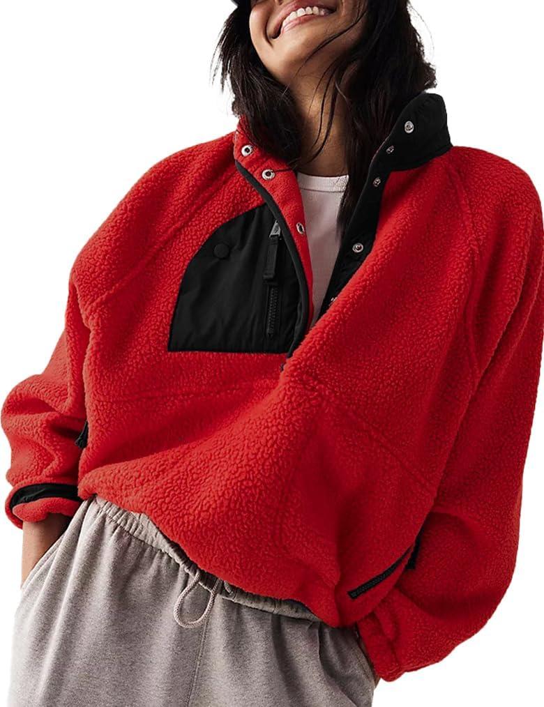 Aoang Womens Oversized Sherpa Jacket Fuzzy Fleece Teddy Coat with Pockets Colorblock (Large, Red)