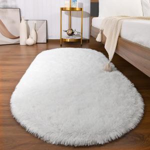 Softlife Fluffy Rugs for Bedroom, Shag Cute Area Rug for Girls/Boys and Kids Baby Room Home Decor, 2.6 x 5.3 Feet Oval Indoor Carpet for Nursery Dorm Living Room, White
