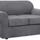 H.VERSAILTEX 3 Piece Stretch Sofa Covers for 2 Cushion Loveseat Couch Covers for Living Room Furniture Cover (Base Cover Plus 2 Seat Cushion Covers) Thicker Jacquard Fabric(Medium Sofa, Grey)