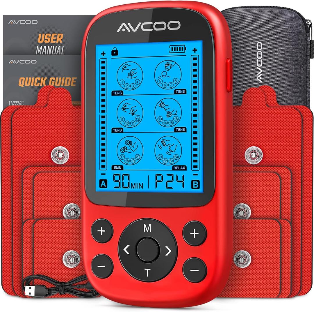 AVCOO 3-in-1 TENS Unit Muscle Stimulator, EMS Massager Machine with 24 Modes & 40 Levels for Shoulder, Back, Neck, Sciatica Pain Relief, Portable-Size Electronic Pulse Massager with 12 Pads, EVA Case