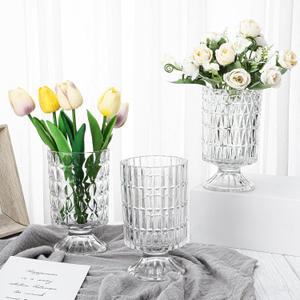 Bokon 3 Pcs Crystal Glass Vases - Embossed Ribbed Base, Transparent Floral Candle Holders for Wedding Centerpieces Table Decor