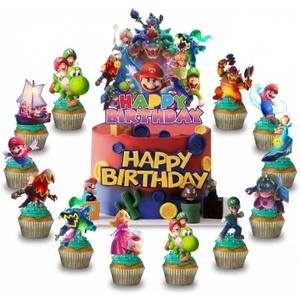 5 x 13Pcs Cute Mario Happy Birthday Cake Toppers Set with 12Pcs Cupcake Toppers, 1Pcs Happy Birthday Cake Topper, Cartoon Themed Birthday Party Supplies for Girls and Boys