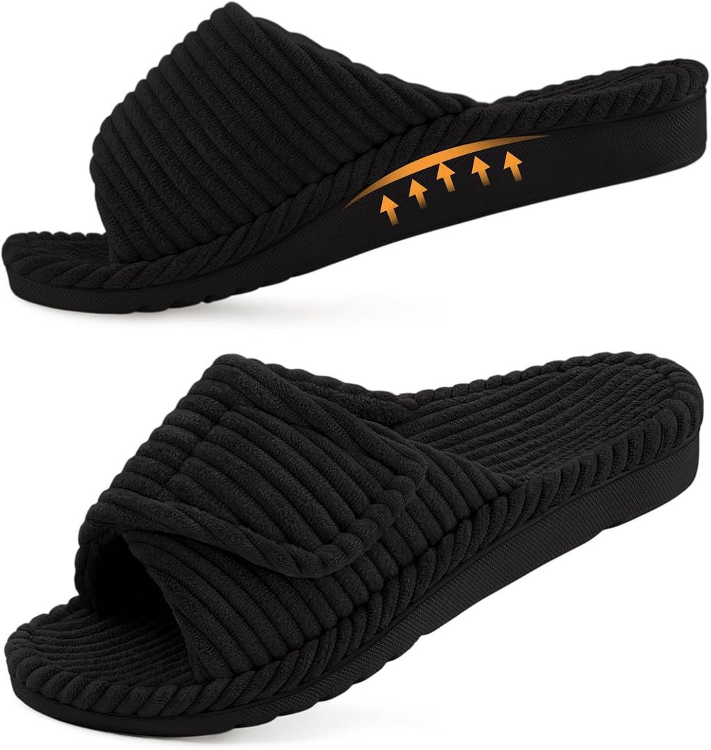 Litfun Orthopedic Slippers for Women Arch Support Indoor House Slippers Adjustable Open Toe Corduroy Bedroom Shoes with Memory Foam for Plantar Fasciitis, Black 40