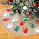 Sosation Handprint Christmas Tree Skirt Set 36 Inches Memory Making Burlap Christmas Tree Rustic Linen Xmas Skirt for Farmhouse Decorations