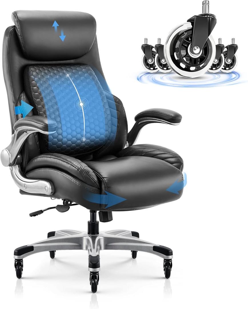 COLAMY Office Ergonomic Desk High Back Executive Chair with Pop-Out Lumbar Support, Upgraded Casters, Adjustable Headrest, Flip-Up Arms, Leather Home with Thick Cushion for Comfort - Black COLAMY Office Ergonomic Desk High Back Executive Chair with Pop-Out Lumbar Support, Upgraded Casters, Adjustable Headrest, Flip-Up Arms, Leather Home with Thick Cushion for Comfort - Black