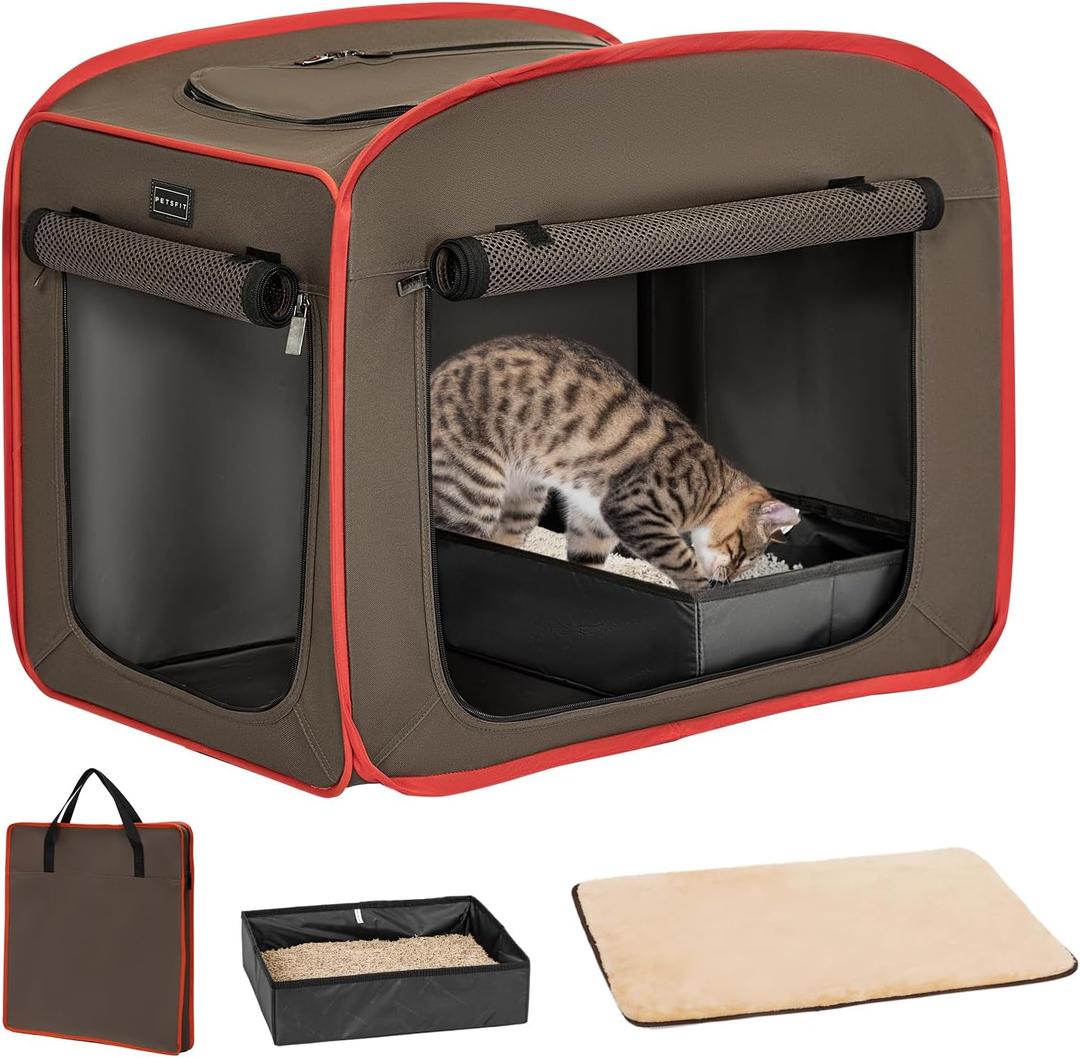 Petsfit Portable Cat Crate with Litter Box and Soft Cushion, Collapsible Pop Up Cat Kennel with Carrying Bag for Travel L