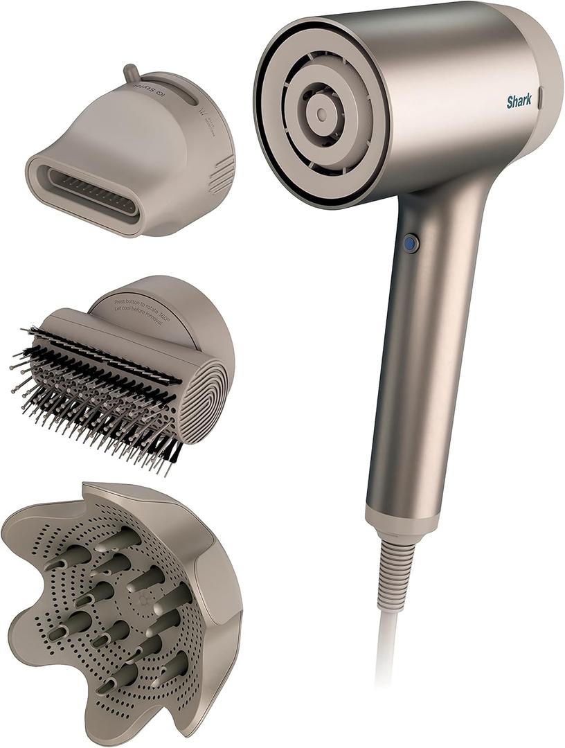 Shark HD120BRN Blow Dryer HyperAIR Fast-Drying with IQ 2-in-1 Concentrator, Styling Brush, and Curl-Defining Deep Diffuser Attachments, Ionic, No Heat Damage, for All Hair Types, Stone