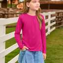 Haloumoning Girls Long Sleeve Tees Kids Casual Crewneck Pleated T Shirts Cute Fall Tops 5-14 Years Rose Red