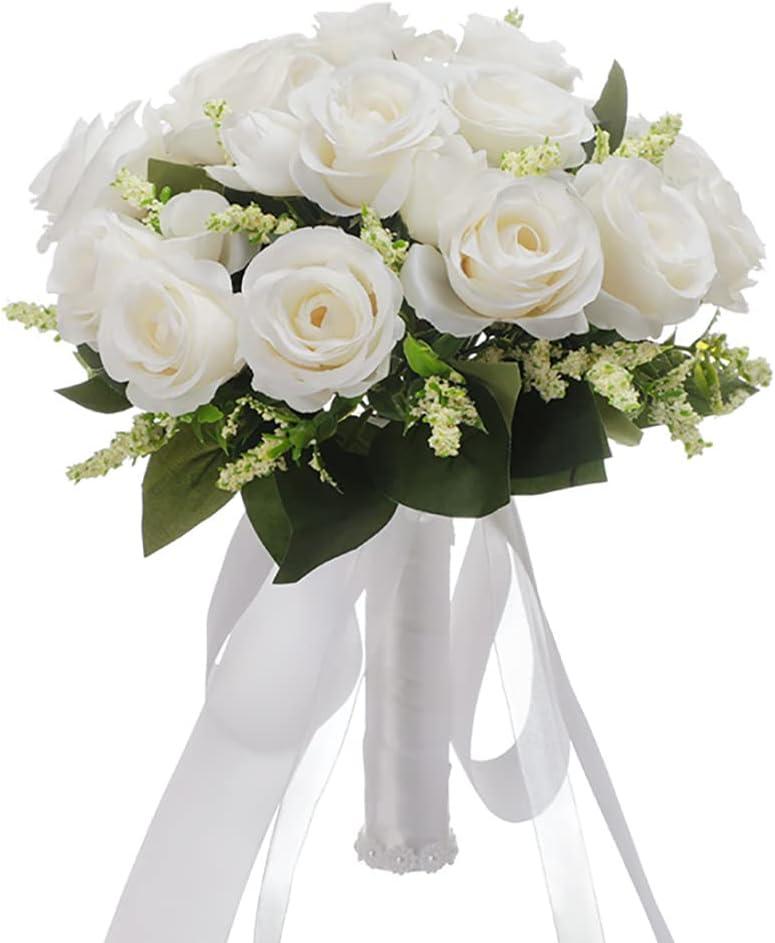 CYANLUX Wedding Bouquets for Bride Bridesmaid Bouquet Champagne White Artificial Roses Flowers for Wedding Valentine's Day Church Home Decoration (1#White)