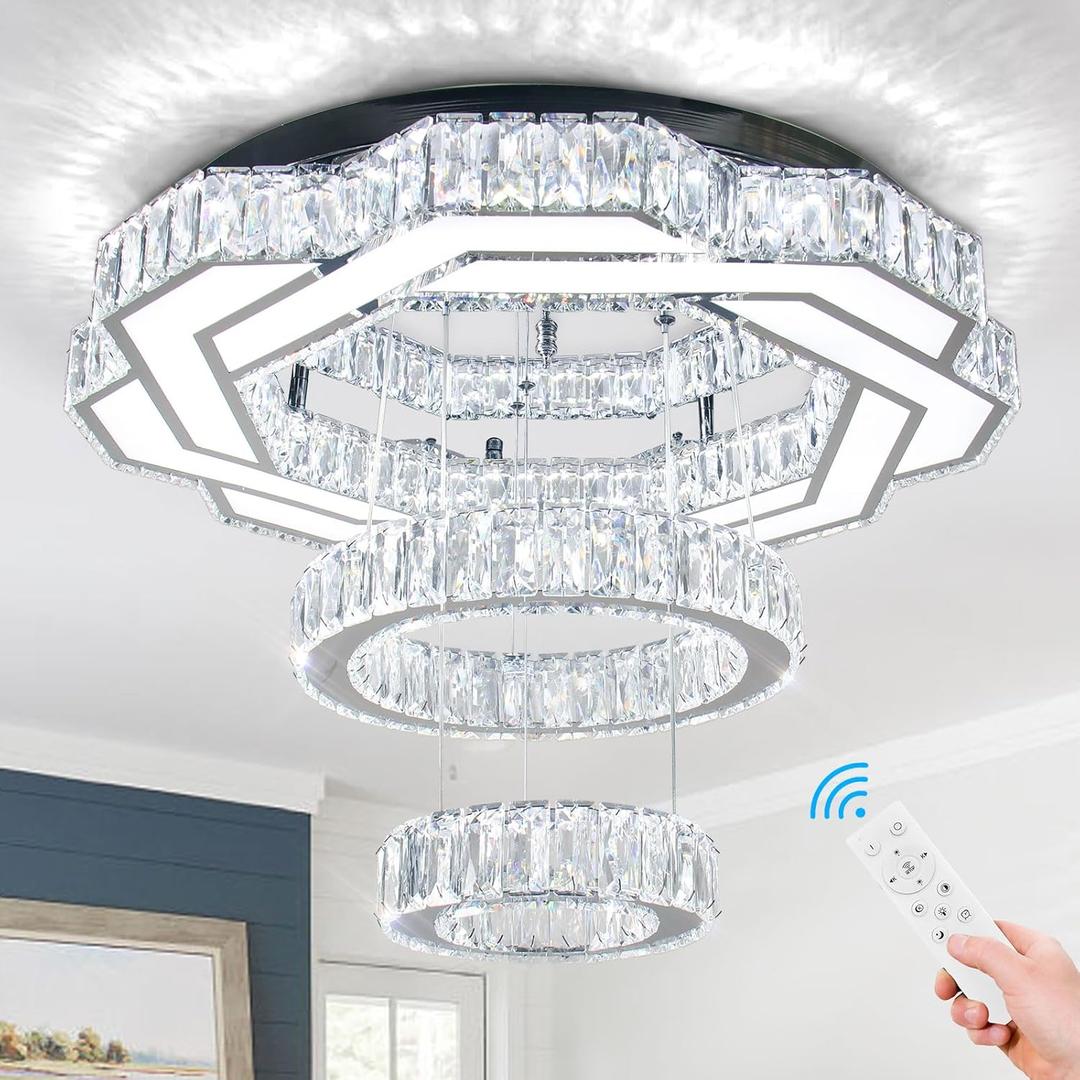 22.5" Crystal Chandeliers Living Room Modern Crystal Ceiling Light LED Ring Round Pendant Light Flush Mount Chandelier for Bedroom Dining Room Entryway (Dimmable)