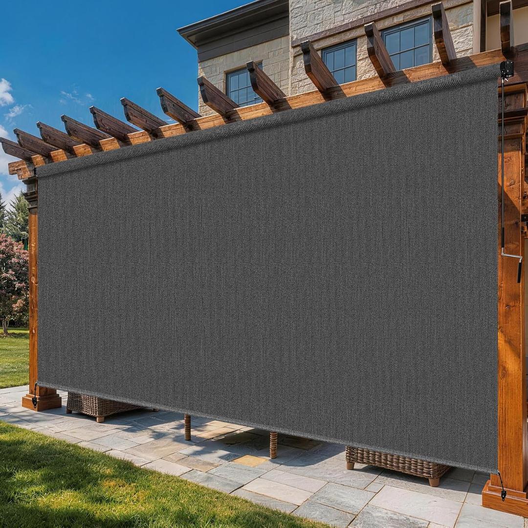 12'W x 8'H Gray Outdoor Roller Shade with Crank Wand Patio Shades Roll up, UV Blocking & Privacy Protection