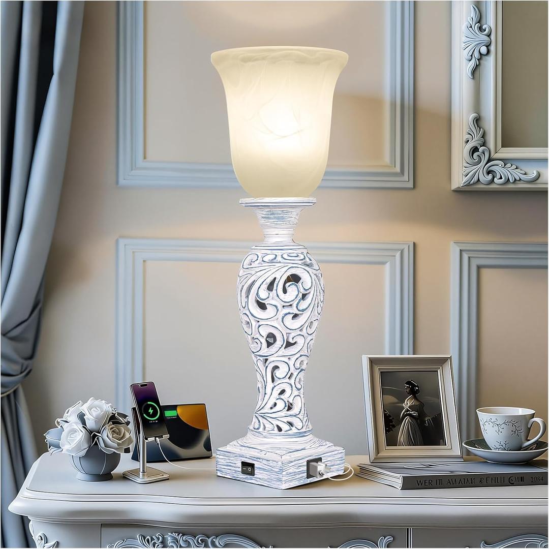 20" Table Lamp with 2 USB Ports, Vintage Bedside Lamp for Bedroom, 3-Way Dimmable Desk Lamp with Glass Shade, Rustic Farmhouse Nightstand Light for Living Room Entryway or Office, LED Bulb Included (Washed Blue, 1 PCS)