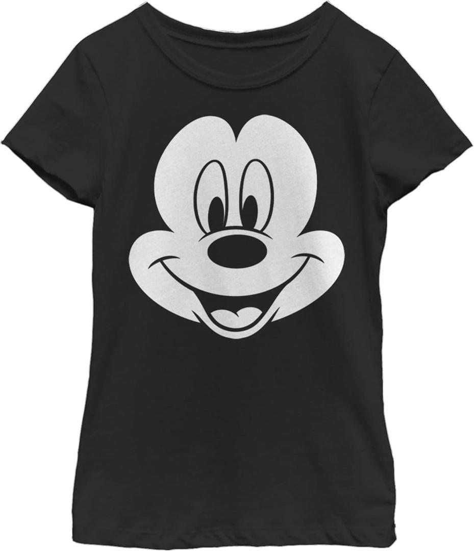 Disney Characters Big Face Mickey Girl's Solid Crew Tee, Black, Small
