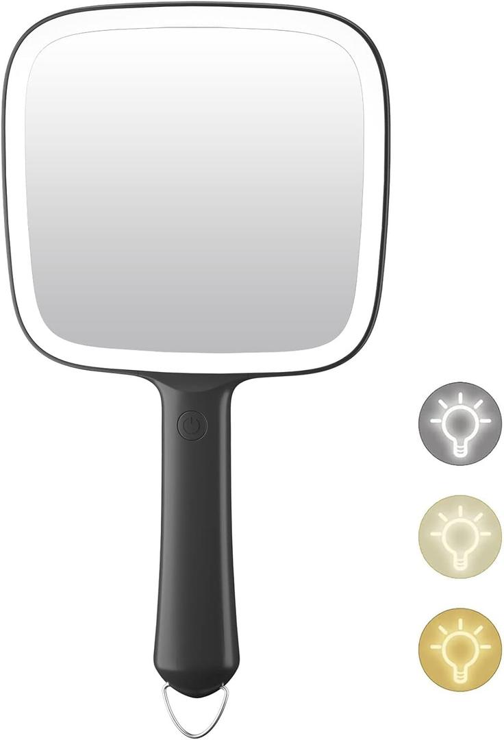 Famihomii Hand Mirror with 3 Light Color & Dimmable, Lighted Handheld Mirror, Lightweight & Durable, Portable & Hangable for Makeup Application, Hair Styling, Shaving, Battery Operated