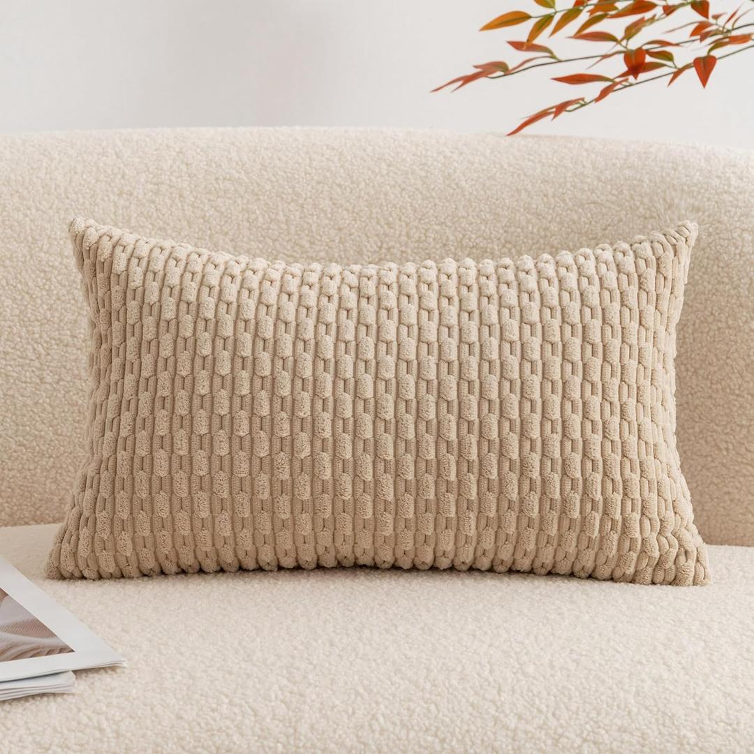 UGASA Fall Soft Corduroy Decorative Pillow Cover 12x20 Inch Boho Striped Oblong Throw Pillow Cover Rectangle Lumbar Modern Home Decor for Sofa Living Room Couch Bed Beige 1 Piece