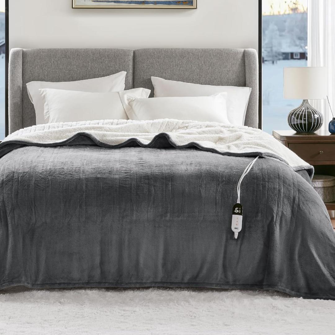 Degrees of Comfort Electric Throw Blanket Full Size - Soft Sherpa Heating Blankets with 6 Heat Settings, 10-Hour Auto Shut-Off, Overheat Protection, Etl Certified (Grey, 72x84 '' for Winter)