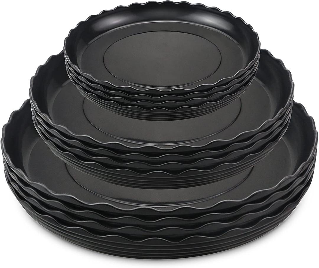 12 Pack Plastic Black Round Wave Plant Saucer,Durable Heavy Duty Flower Plant Pot Drip Tray Container for Home Garden Indoor and Out Door Plant (6 Inch/8 Inch/10 Inch)