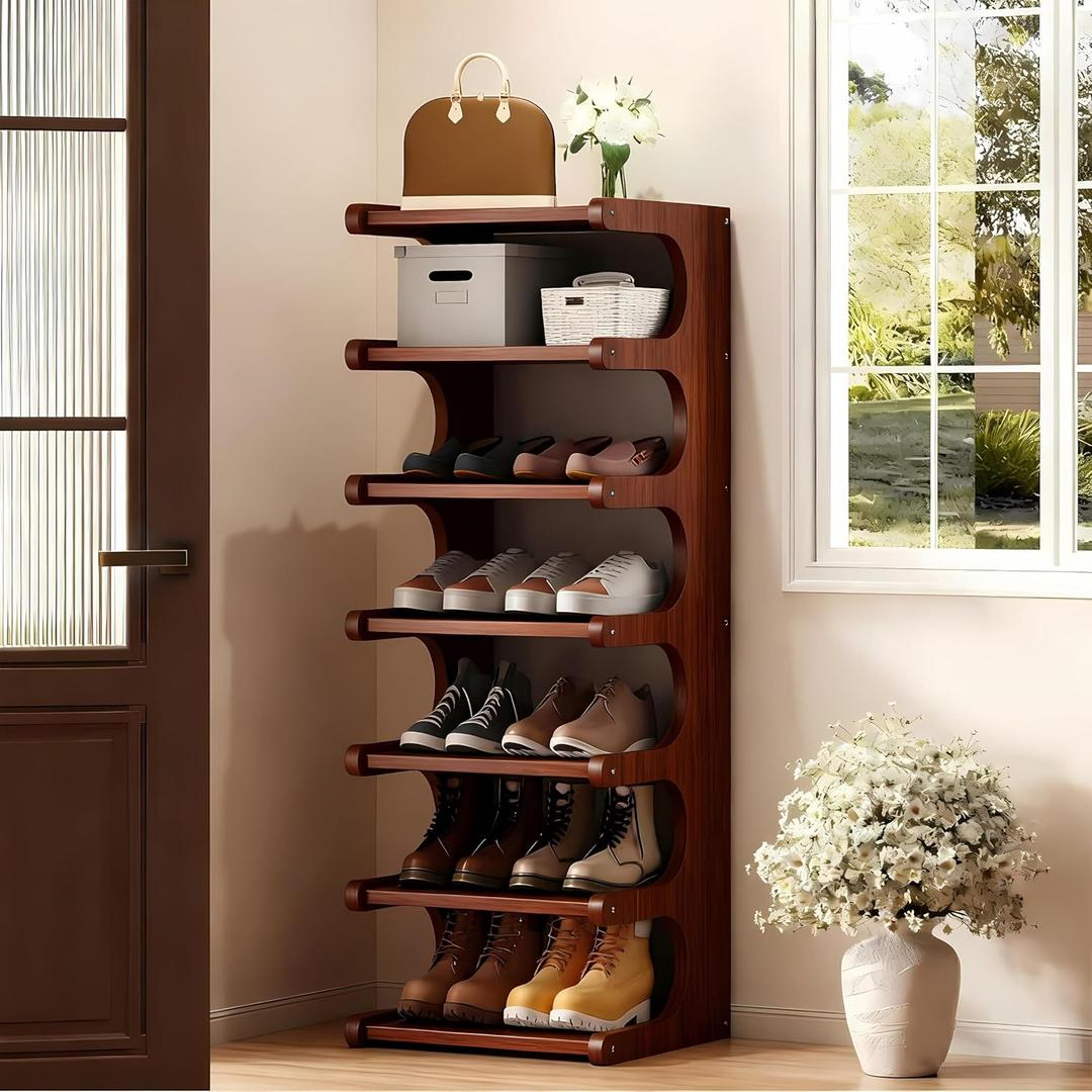 7-Tier Vertical Shoe Rack, Bamboo Free Standing Shoe Rack Shelf, Shoe Storage Stand, Entryway Shoe Tower, Vertical Shoe Organizer for Narrow Closet, Entryway, Hallway