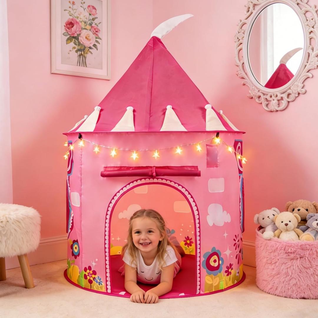 Princess Castle Play Tent for Kids, Girls' Pop-Up Play Tent with Star Lights, Indoor/Outdoor Foldable Pink Play Tent Fabulous Gift for Little Girls