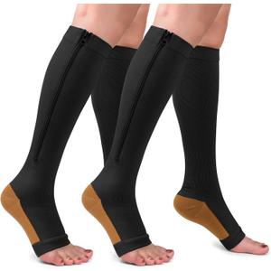 2 Pairs Copper Zipper Compression Socks 15-20mmgh-Calf Knee High Open Toe Support Stocking Compression Stocking (XX-Large, 01-copper Black)