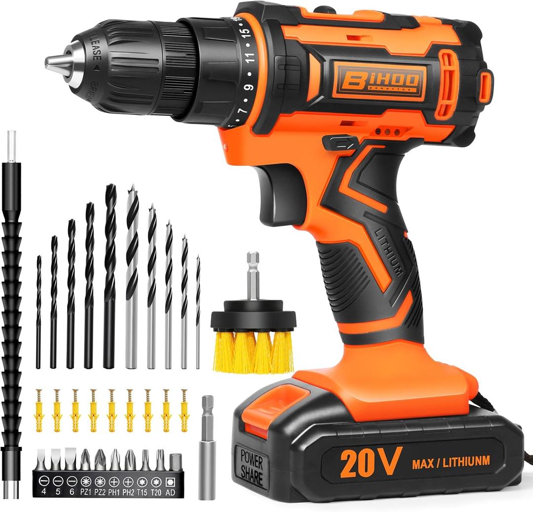 20v Drill Driver Set,Cordless Drill with Battery and Charger,LED Tools Kit,25+1 Torque Setting and 43pcs Drill Bits