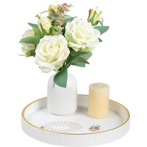 Round Decorative Tray for Coffee Table Decor, PU Leather Coffee Table Tray Golden Trim for Home Decor Living Room Dining Table, Perfume Trays Nightstand Organizer (White)