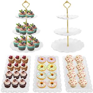 5 Pcs Dessert Table Display Set, White Plastic 2 Pcs Round 3 Tier Cupcake Stand Cup Cake Tower Stand with Metal Rod & 3 Pcs Serving Tray for Baby Shower, Tea Party, Wedding, Birthday Party