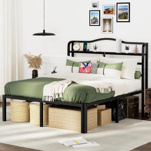Full Size Bed Frame with Headboard 18 Inch Tall Bed Frames with Storage & Charging Station Black Basic Bed Base Mattress Foundation,No Box Spring Needed,Heavy Duty Metal (18 Inch, Full)