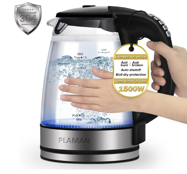 1500W Electric Kettle with Temperature Control  6Temp Presets for Tea/Coffee, Double Wall CoolTouch, 4H Keep Warm, 1.7L Borosilicate Glass & BPAFree, Fast Boil for Home/Office