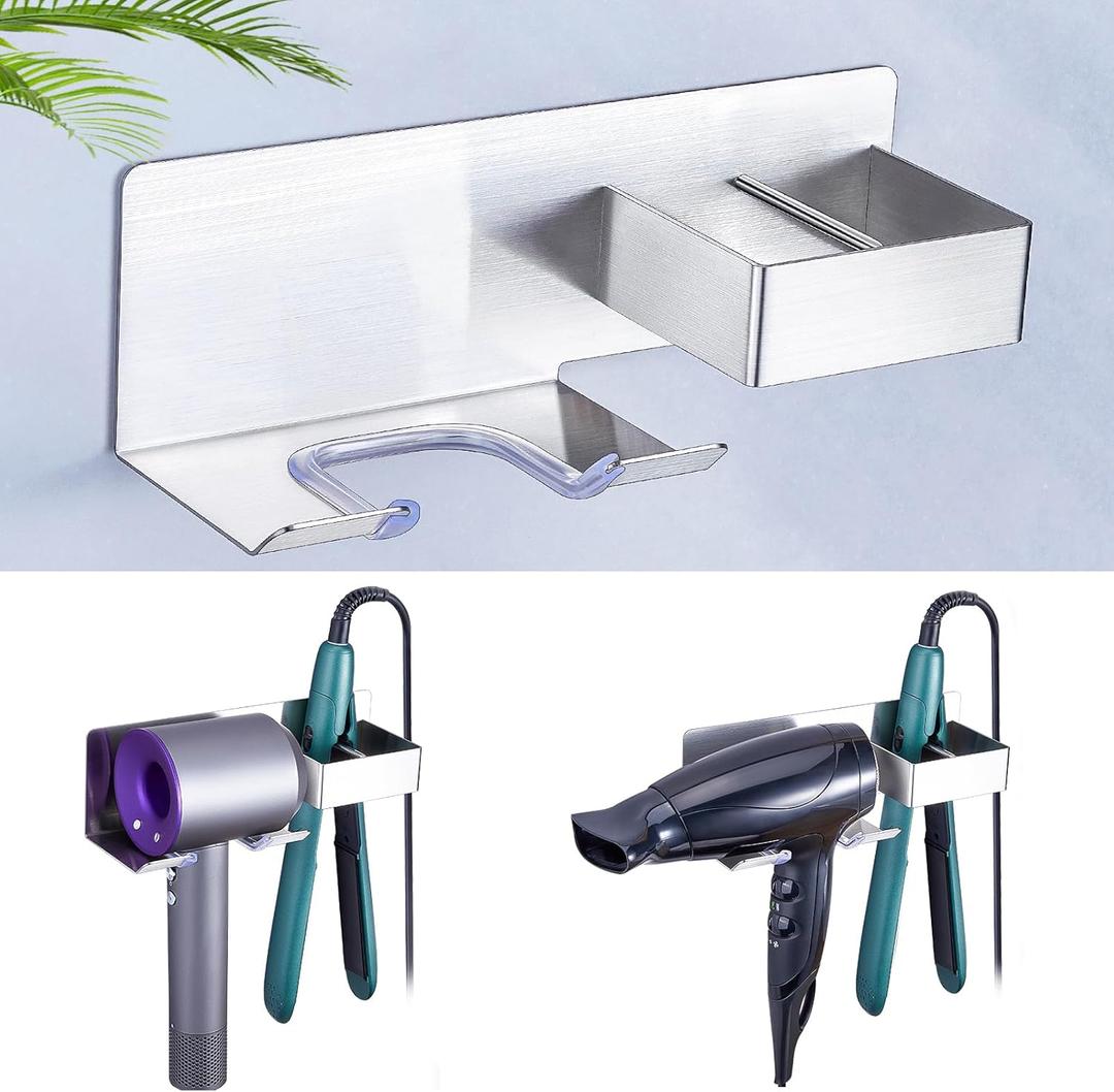 Hair Straightener Holder for Wall, Adhesive Straightener Holder, Blow Dryer Holder Wall Mounted, Stainless Steel Hair Dryer Holder Curling Iron Organizers Storage, Bathroom Hair Tools Holders