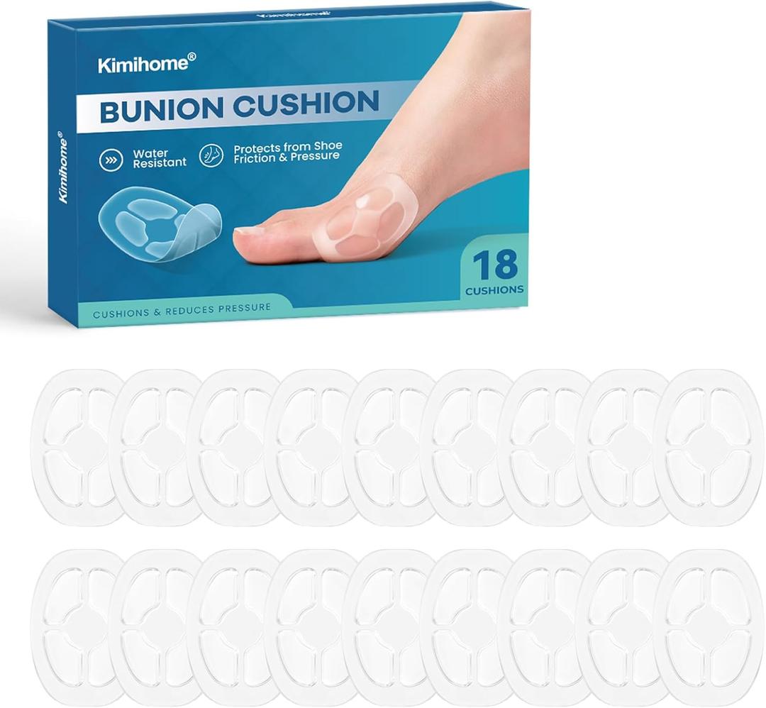 Bunion Cushions, Soft Gel Toe Protectors, Stays in Place All Day & Night, Reduces Friction, Pressure & Blisters  Water & Sweat Resistant, 18 Pack (Transparent)