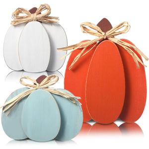 Faccito 3 Pcs Fall Decorations Wooden Pumpkin Signs Thanksgiving Table Centerpieces Autumn Tiered Tray Decorations Farmhouse Pumpkins Block with Straw Bow for Home Mantel Harvest Party(Rustic Color)