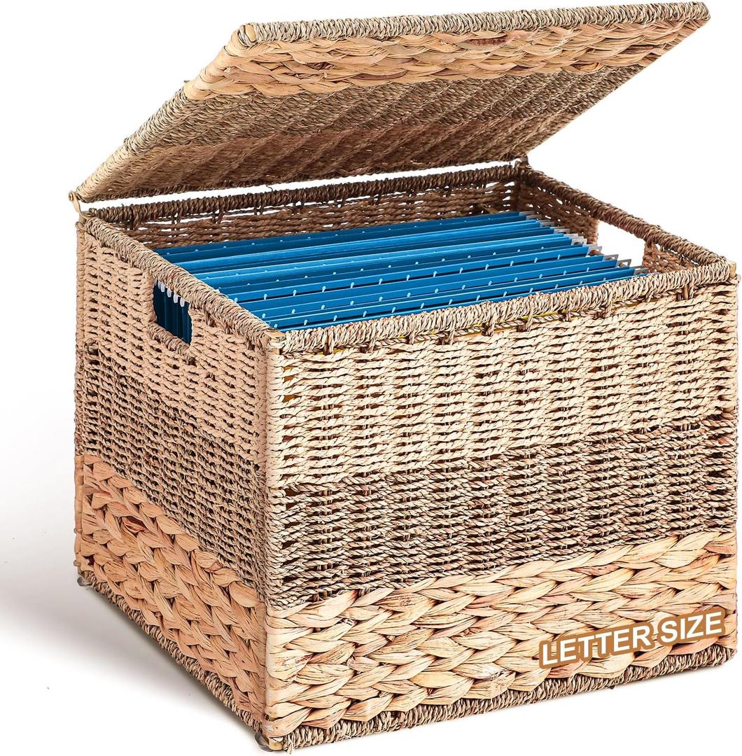 Decorative File Box 14 x 12 x 11 in Wicker Seagrass File Basket Organizer for Letter Size Hand Woven Hanging Filing Cabinet with Lid for Document Folder Home Office Decor, Water Hyacinth, Tricolor
