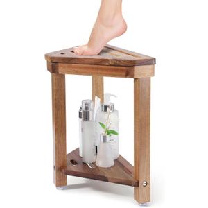 Boulphia Shower Foot Rest 14in, Acacia Wood Shower Stool for Shaving Legs, Waterproof Corner Shower Stool with Storage Shelf for Inside Small Shower Spaces, Wood Color