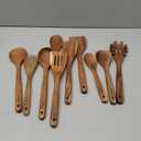 Kikcoin Wood Kitchen Utensils Set, 10 PCS Solid Teak Wooden Spoons for Cooking with Long Handle Heat-Resistant Wooden Cooking Utensils Set for Non-stick Cookware Including Hanging Hole