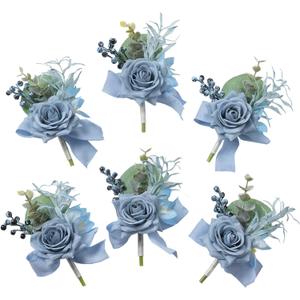 Meldel Dusty Blue Rose Boutonniere for Men,Set of 6,Groomsmen Groom Boutonnieres for Wedding Corsage Ceremony Anniversary, Formal Dinner Party, Fall Vintage Rustic Marriage Prom Flower
