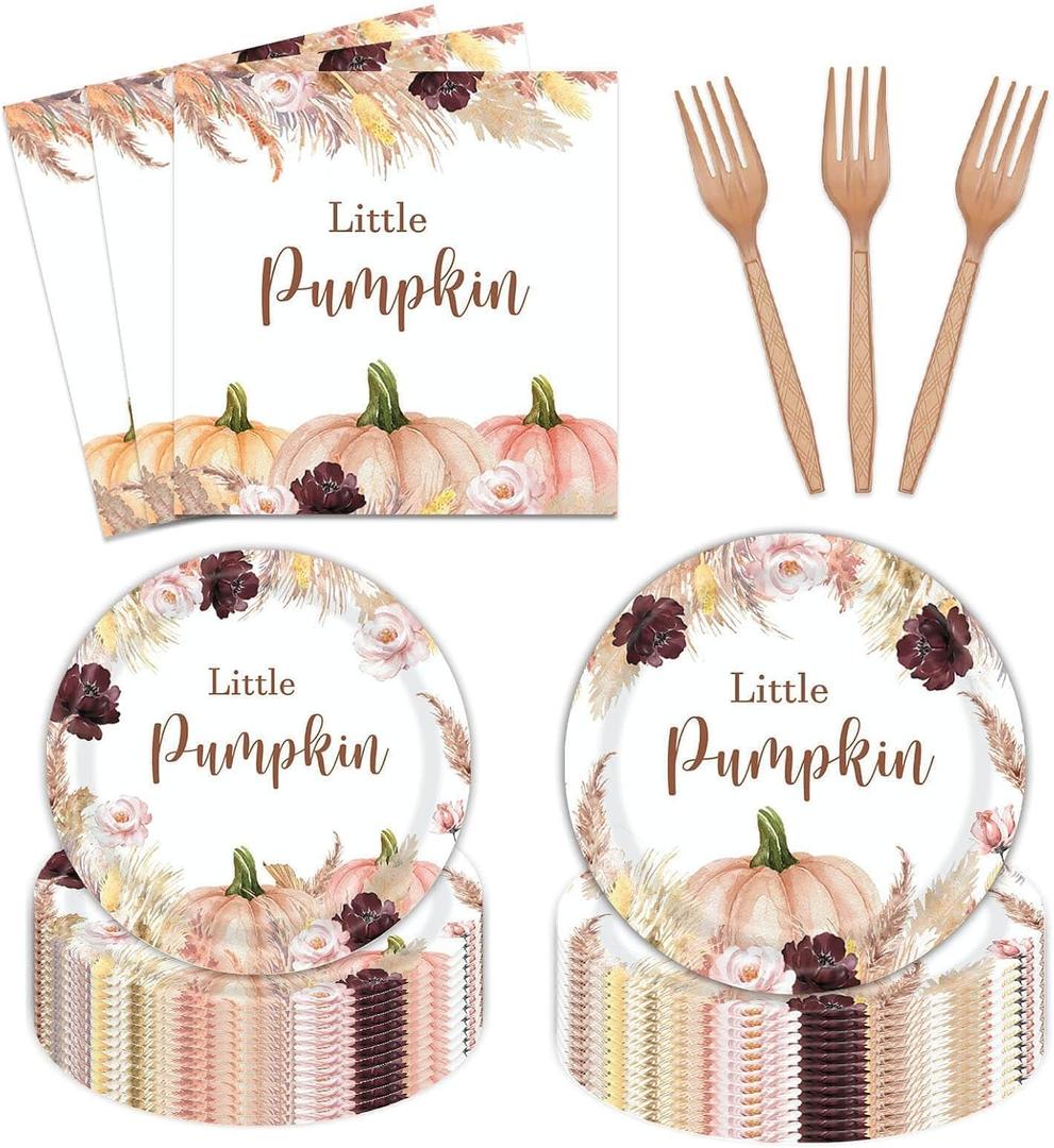 96 Pcs Fall Boho Pumpkin Party Plates and Napkins Set Baby Shower Happy Birthday Party Supplies Decorations for Kid Fall Leaves Pampas Grass Party Disposable Dinnerware Tableware Kit, Serves 24