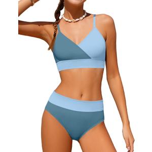 Girls Swimsuit V Neck Bikini Set Color Block with Cover Up 3Pcs Bathing Suits, Gray Blue 2, 11-12 Years