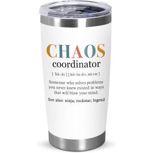 TEEZWONDER Thank You Gifts for Women - Chaos Coordinator 20 oz Stainless Steel Insulated Tumbler with Lid - Galentine Valentine Gifts for Friend, Employee Appreciation Gifts for Coworker Boss Teacher