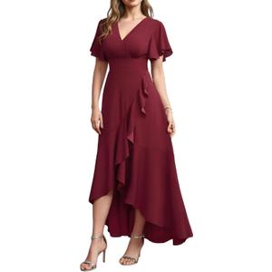 MisShow Long Formal Dresses for Women Elegant V Neck Wrap Ruffle Cocktail Wedding Guest Dress Evening Party Gown (X-Large, Burgundy)