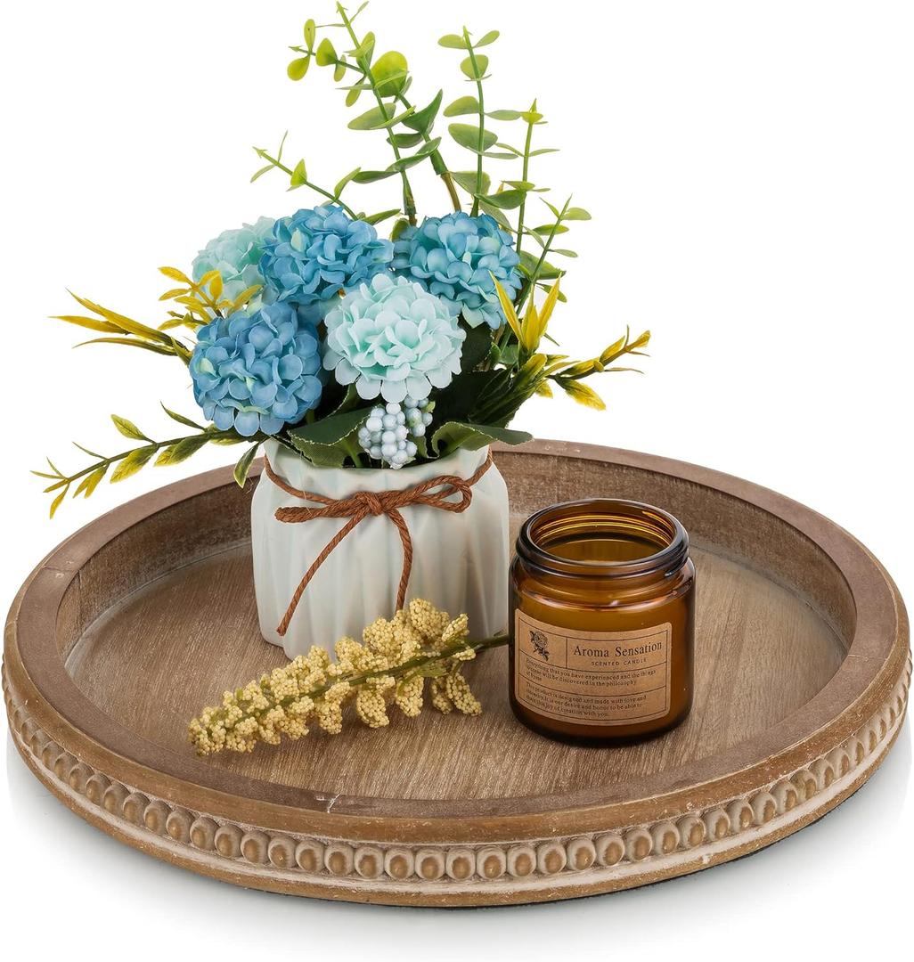 Hanobe Round Wooden Tray Decor: Decorative Candle Plate Holder Tray for Coffee Table - Rustic Farmhouse Table Centerpiece for Home Living Room Kitchen Counter(Brown) (11.8")