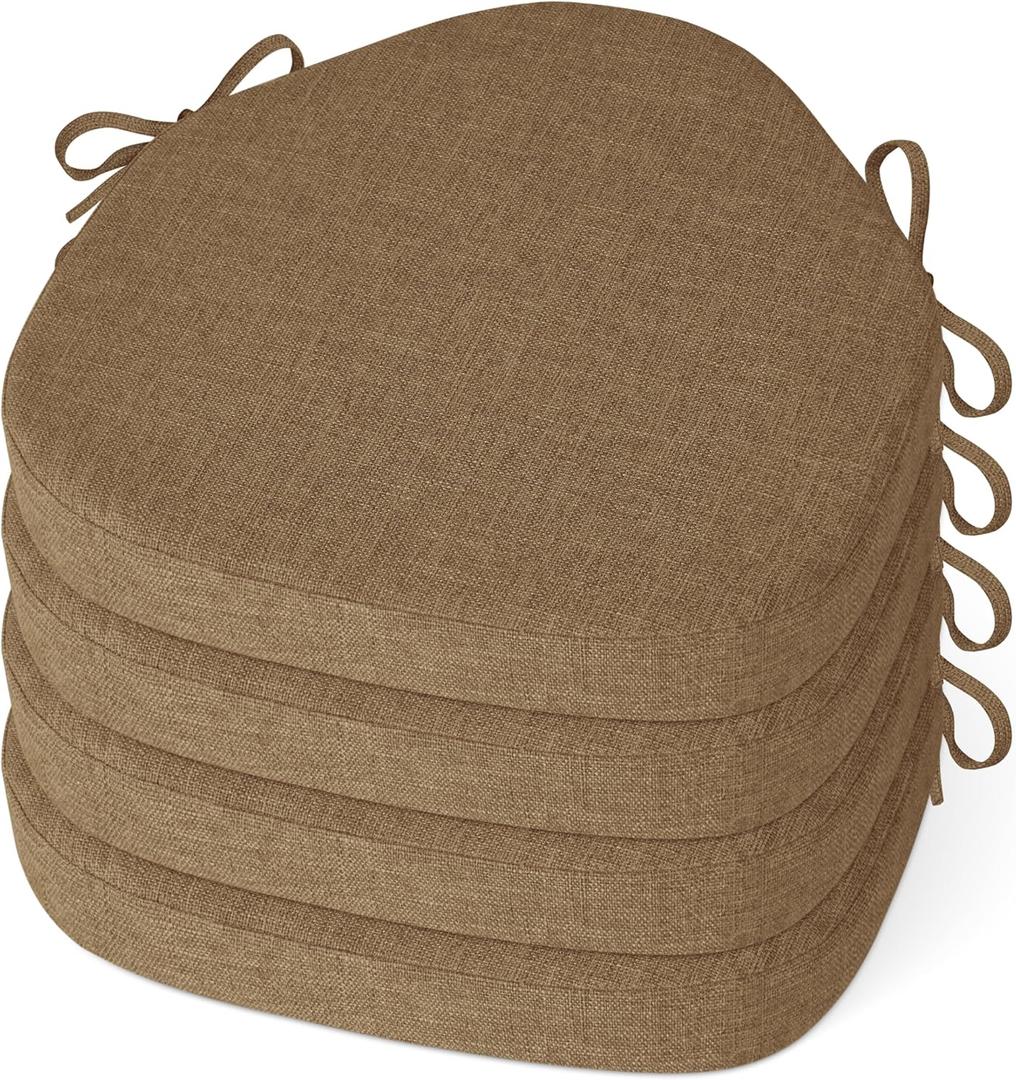 Windsor Chair Cushions for Dining Chairs 4 Pack Non Slip Kitchen Seat Cushion with Ties and Washable Covers Indoor Comfortable Seat Pad with Thick Foam 16.5" x 15.5" x 2" Brown