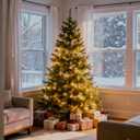 6FT Pre-Lit Christmas Tree in New Growth Green, Artificial Hinged Pine Tree with 956 Brach Tips Prelighted Durable Metal Stand