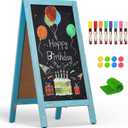 4 THOUGHT A-Frame Chalkboard 40" x 20", Chalk Board Sign Board Magnetic Sandwich Board Pine Wooden Freestanding Double-Sided Chalkboard Easel for Restaurant Cafe Shop Wedding Party, Blue