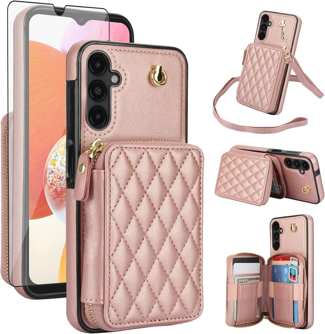 Phone Case for Samsung Galaxy A16 5G/4G Wallet Cell Cover with Tempered Glass Screen Protector Wrist Crossbody Strap Lanyard Stand RFID Blocking Credit Card Holder Slot A 16 Women Girls Rose Gold