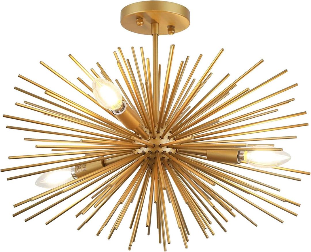 Modern Sputnik Chandelier Ceiling Light Fixture,4-Light Gold Semi Flush Mount Ceiling Light,20in Solid Metal Starburst Satellite Urchin Chandelier for Entry Dining Room Bedroom Kitchen Foyer